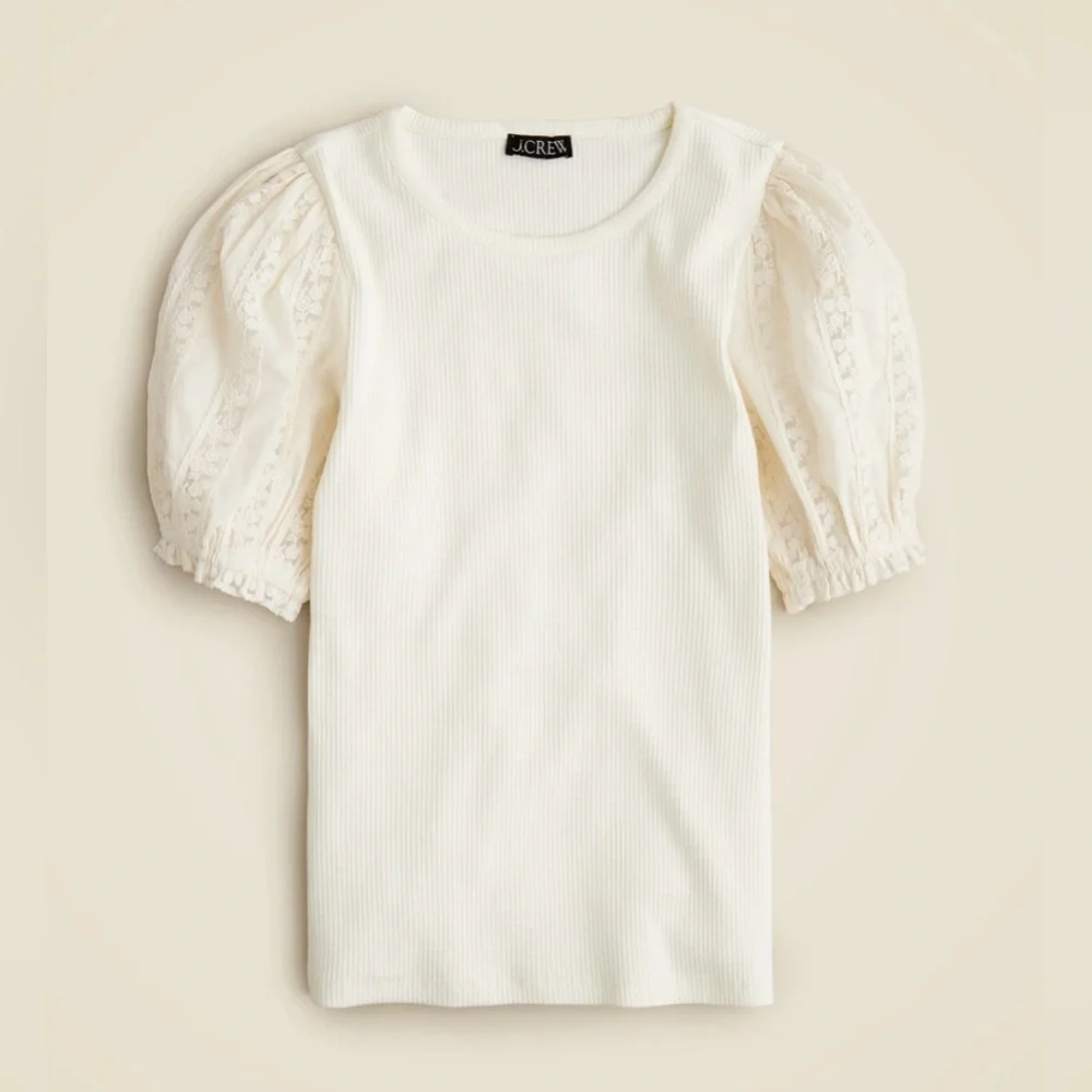 J. Crew Vintage Rib Top with Lace Puff Sleeves in Natural